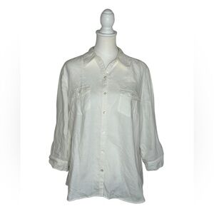 Kim Rogers EUC White Linen Button-Up Top Sz XL Roll Tab Sleeve Quiet Luxury